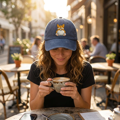 Woman wearing a blue cap with a dog design, holding a cup of coffee in an outdoor cafe setting.