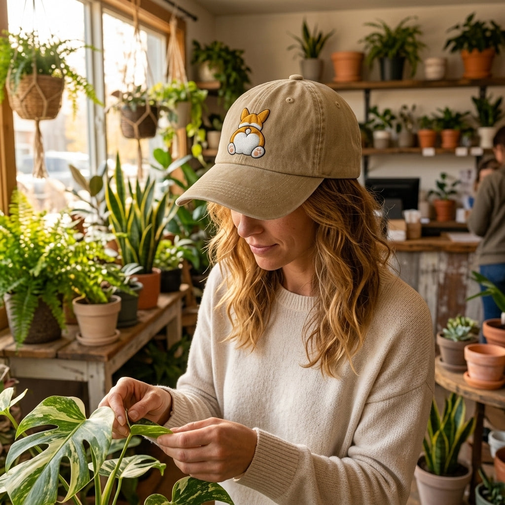 Woman tending to plants in a home setting with a casual hat and sweater.
