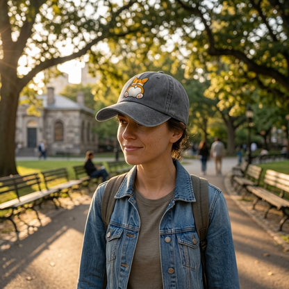 Woman wearing a cap with a fox design in a park setting