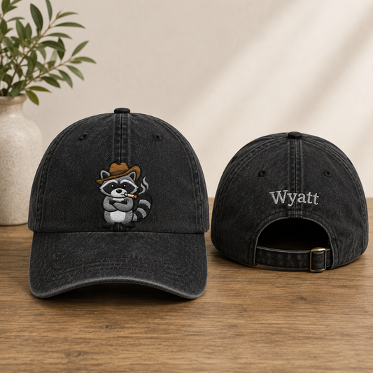 Cowboy Raccoon Embroidered Washed Cap - Washed Cap - front view