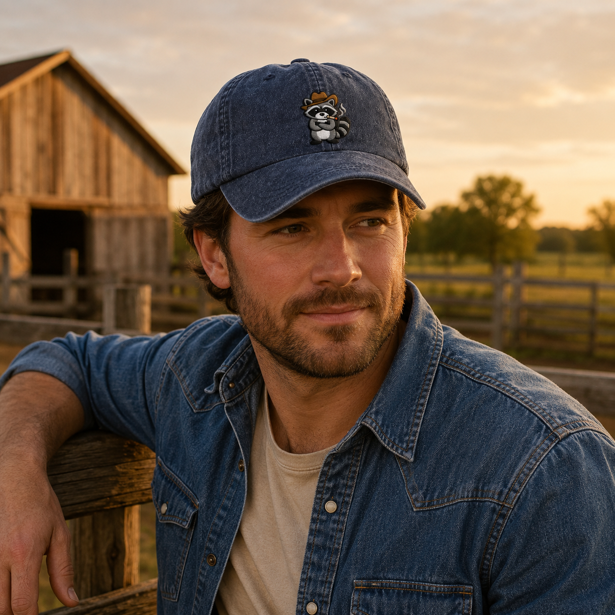 Cowboy Raccoon Embroidered Washed Cap - Washed Cap - side view