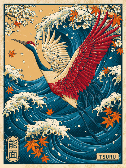 Crane Over the Waves Ukiyo-e Print - Wall Art Decor - front view - crane wave ukiyo-e print, japanese crane wall art