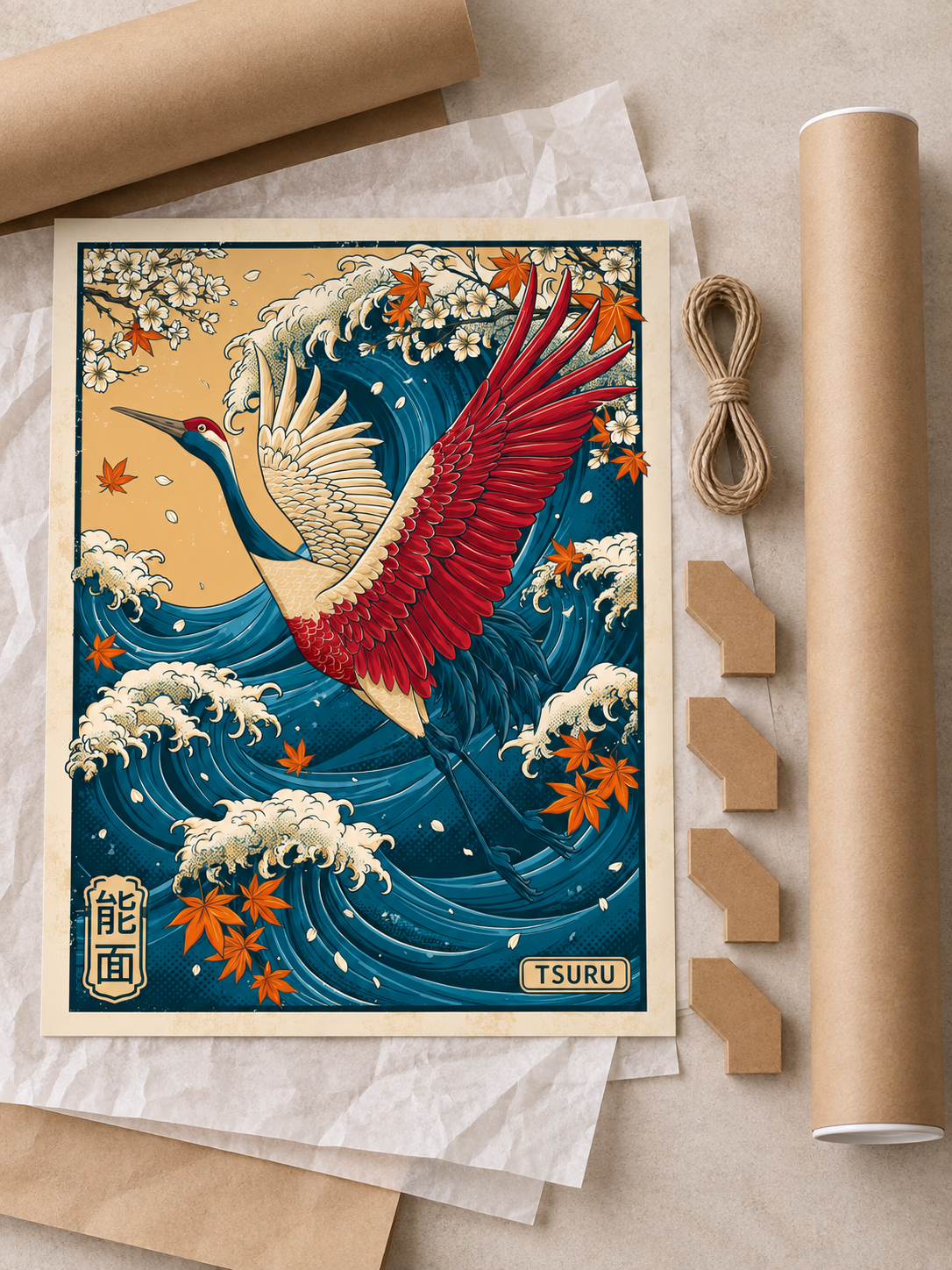 Crane Over the Waves Ukiyo-e Print - Wall Art Decor - close-up - crane wave ukiyo-e print, japanese crane wall art