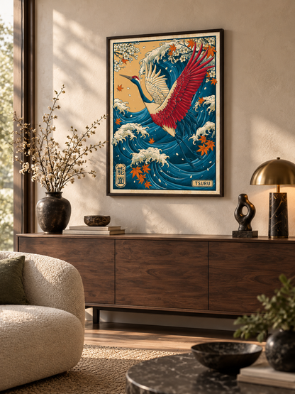 Crane Over the Waves Ukiyo-e Print - Wall Art Decor - alternate angle - crane wave ukiyo-e print, japanese crane wall art