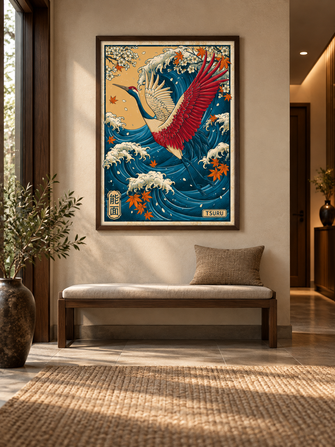 Crane Over the Waves Ukiyo-e Print - Wall Art Decor - lifestyle shot - crane wave ukiyo-e print, japanese crane wall art