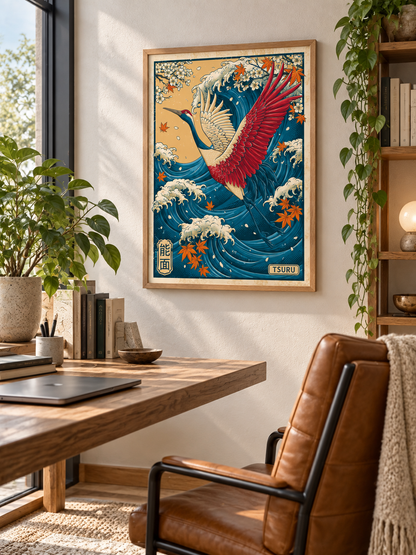 Crane Over the Waves Ukiyo-e Print - Wall Art Decor - close-up - crane wave ukiyo-e print, japanese crane wall art