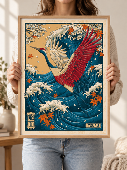 Crane Over the Waves Ukiyo-e Print - Wall Art Decor - alternate angle - crane wave ukiyo-e print, japanese crane wall art