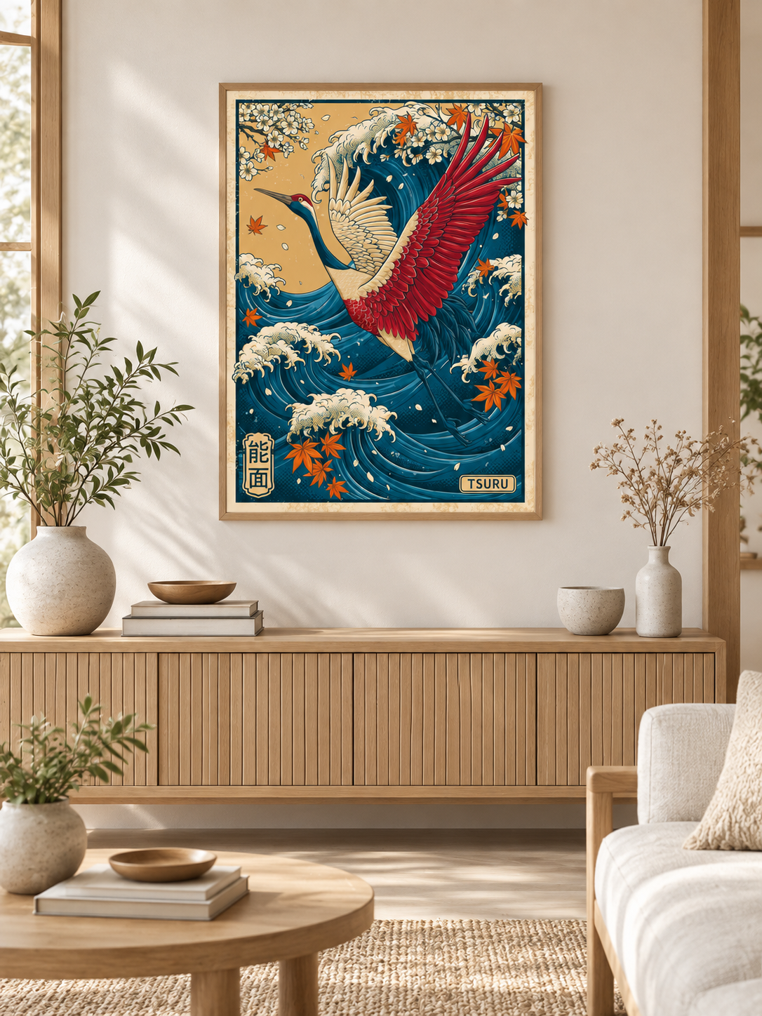 Crane Over the Waves Ukiyo-e Print - Wall Art Decor - front view - crane wave ukiyo-e print, japanese crane wall art