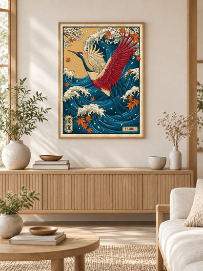 Crane Over the Waves Ukiyo-e Print - Wall Art Decor - front view - crane wave ukiyo-e print, japanese crane wall art