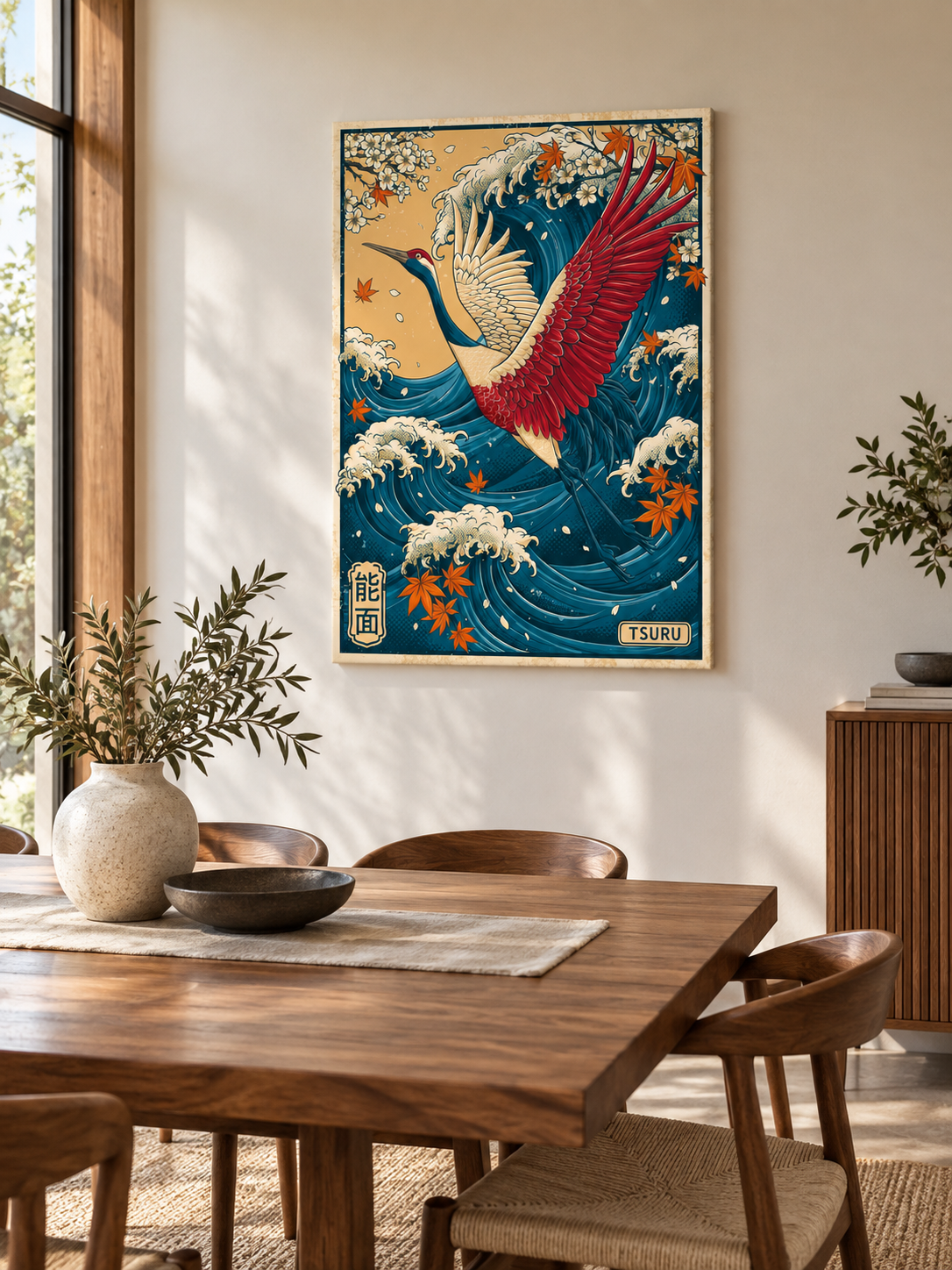 Crane Over the Waves Ukiyo-e Print - Wall Art Decor - detail view - crane wave ukiyo-e print, japanese crane wall art