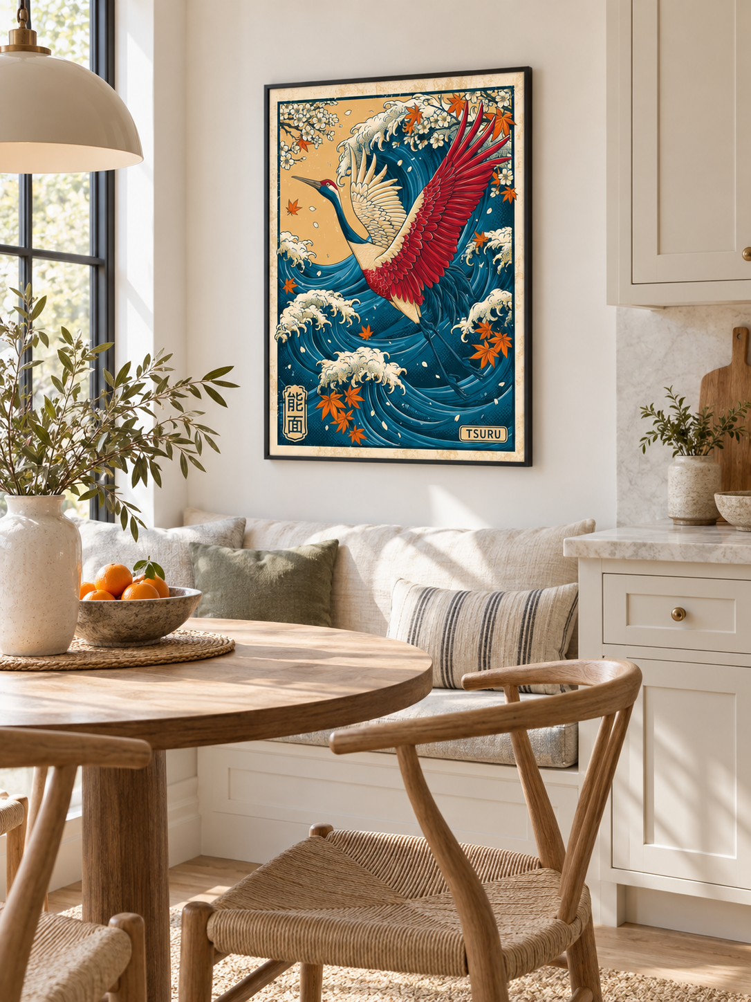 Crane Over the Waves Ukiyo-e Print - Wall Art Decor - lifestyle shot - crane wave ukiyo-e print, japanese crane wall art