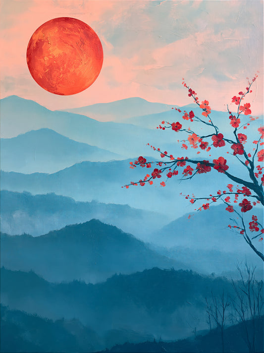 Crimson Dawn Wall Art - Wall Art Decor - front view - blue mountain art print, japandi wall decor