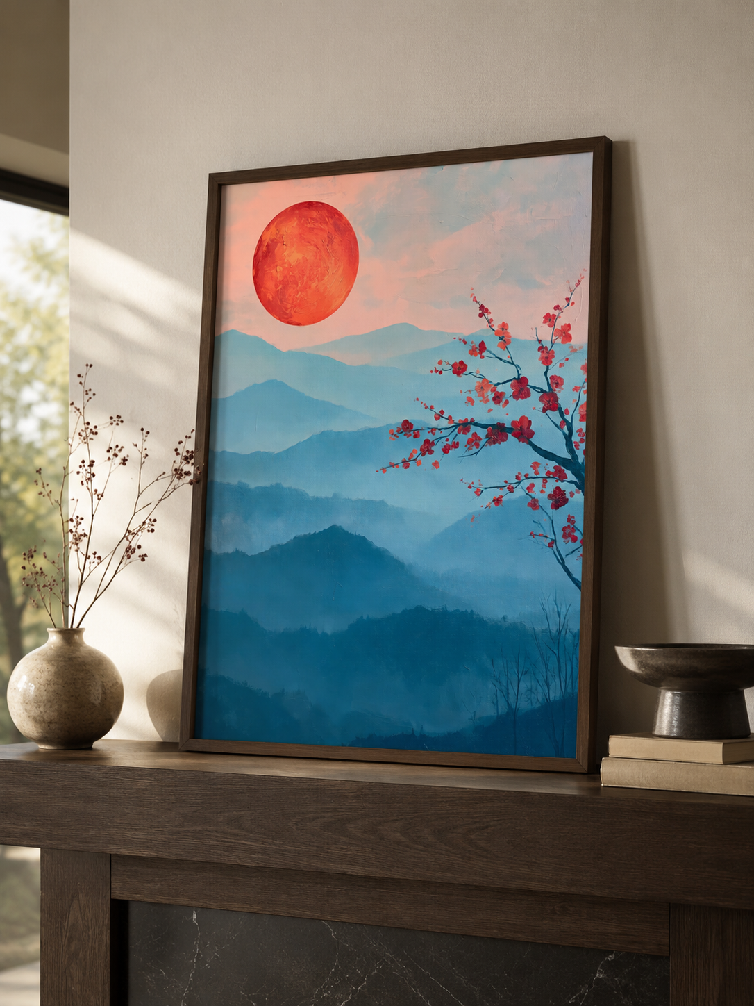 Crimson Dawn Wall Art - Wall Art Decor - close-up - blue mountain art print, japandi wall decor