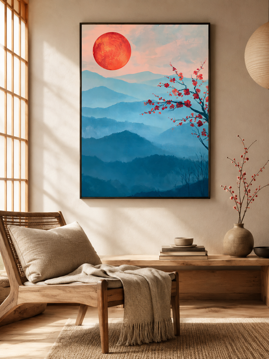 Crimson Dawn Wall Art - Wall Art Decor - alternate angle - blue mountain art print, japandi wall decor
