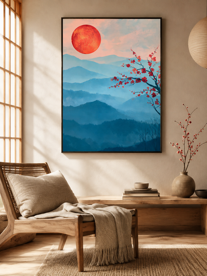 Crimson Dawn Wall Art - Wall Art Decor - alternate angle - blue mountain art print, japandi wall decor