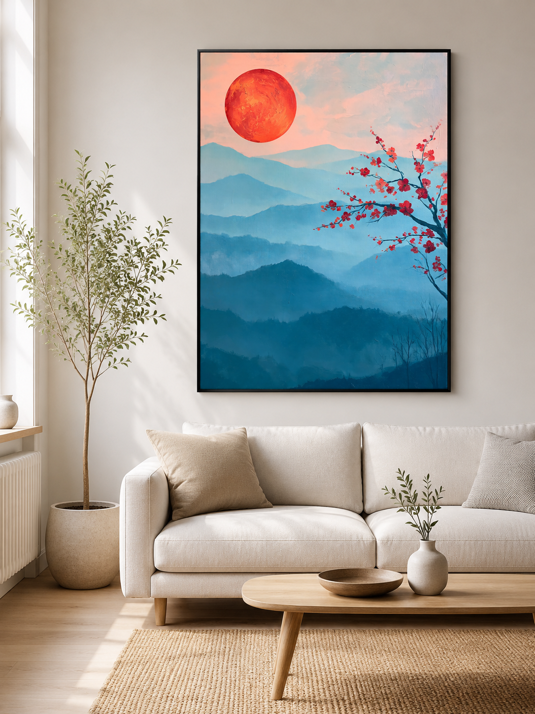 Crimson Dawn Wall Art - Wall Art Decor - detail view - blue mountain art print, japandi wall decor