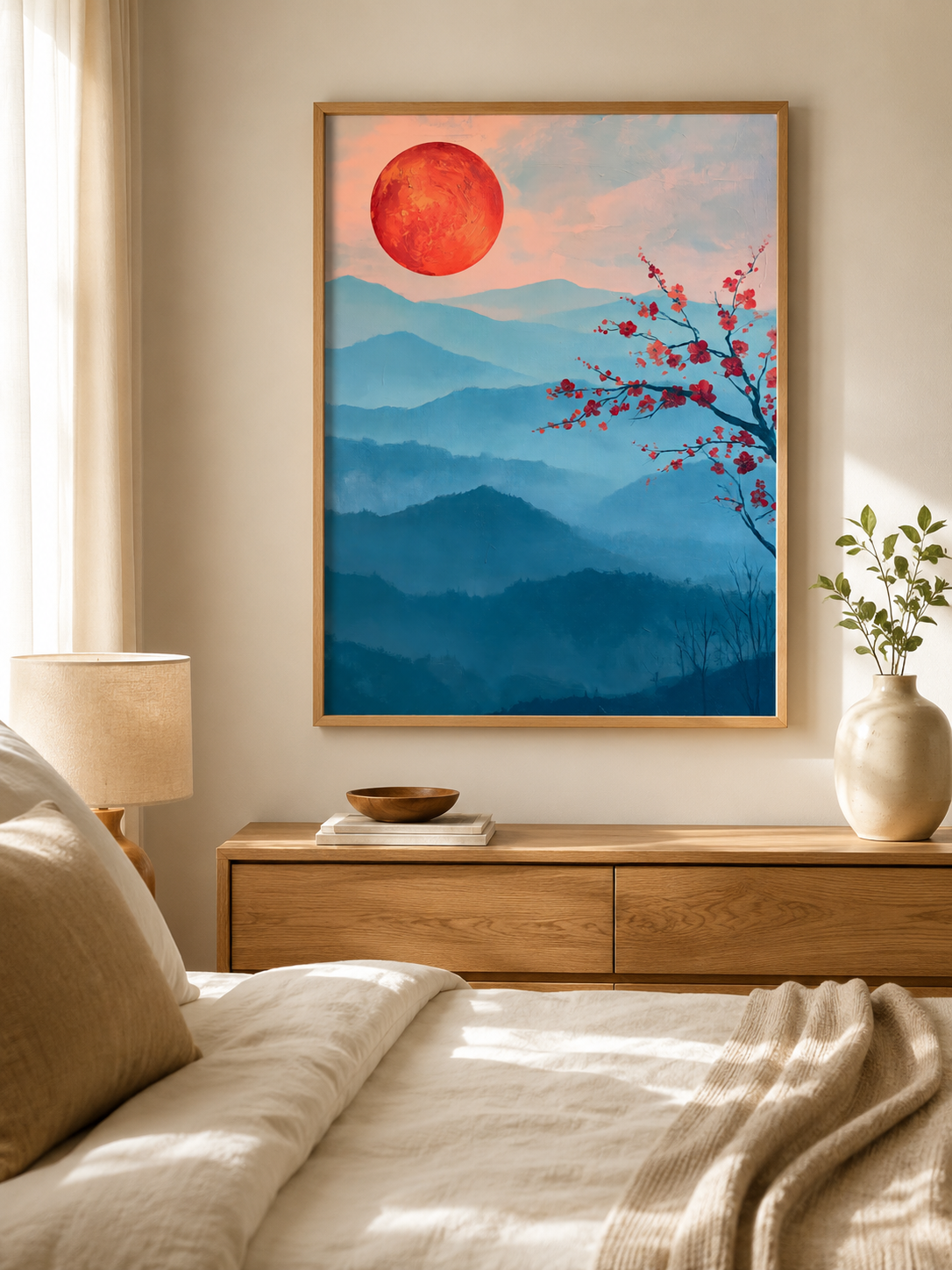 Crimson Dawn Wall Art - Wall Art Decor - lifestyle shot - blue mountain art print, japandi wall decor