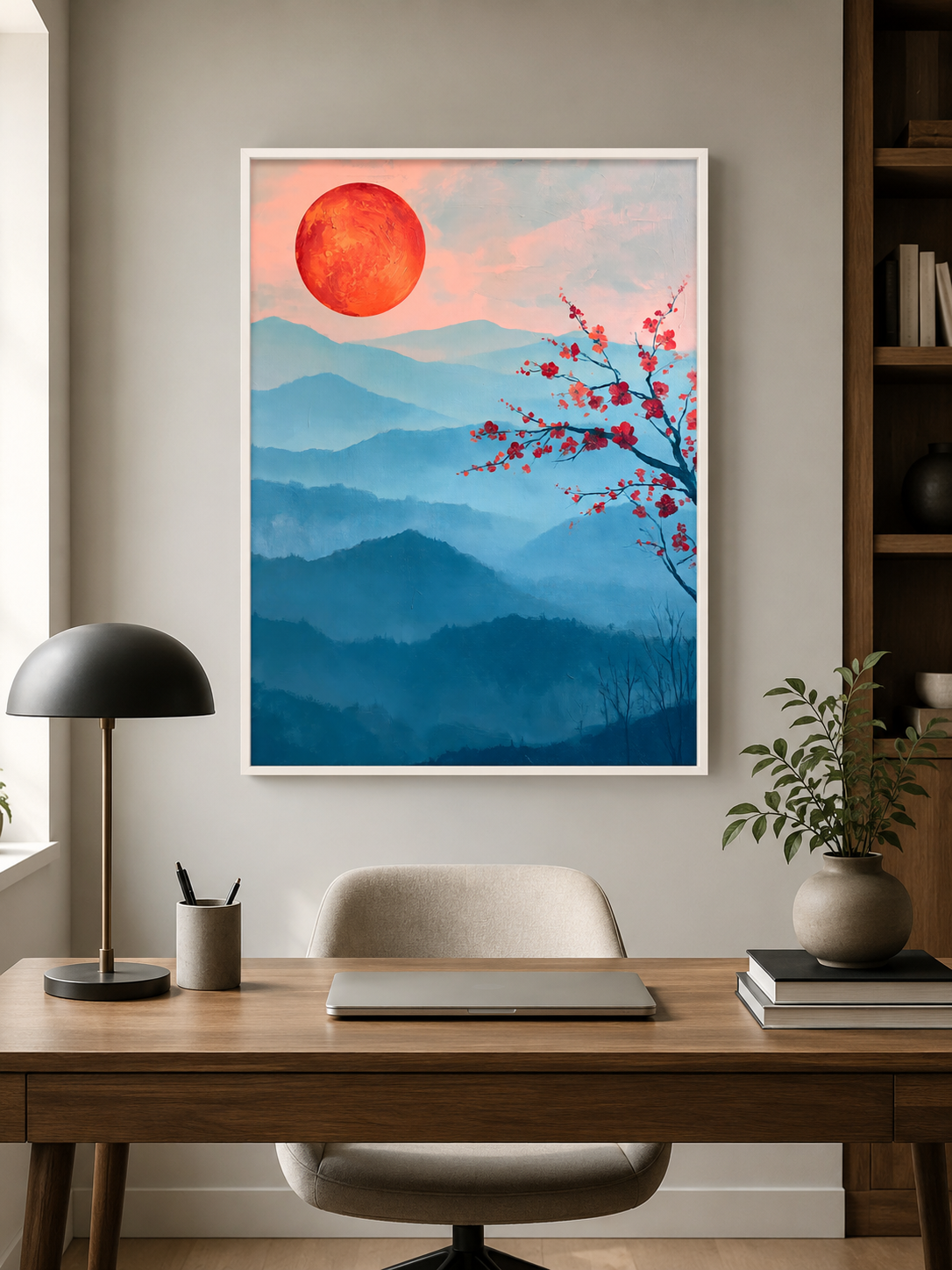 Crimson Dawn Wall Art - Wall Art Decor - close-up - blue mountain art print, japandi wall decor