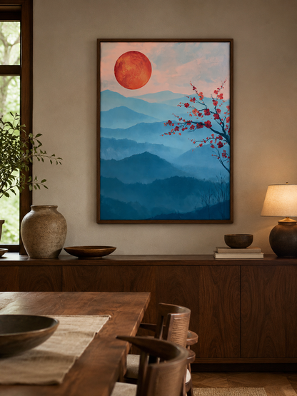 Crimson Dawn Wall Art - Wall Art Decor - alternate angle - blue mountain art print, japandi wall decor