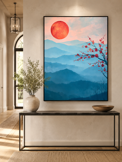 Crimson Dawn Wall Art - Wall Art Decor - packaging - blue mountain art print, japandi wall decor
