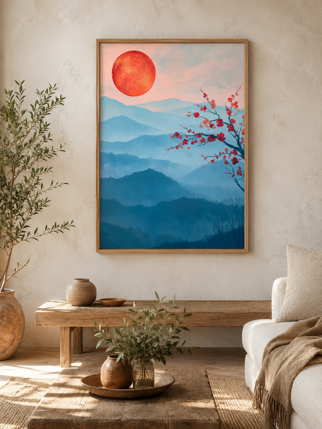 Crimson Dawn Wall Art - Wall Art Decor - front view - blue mountain art print, japandi wall decor