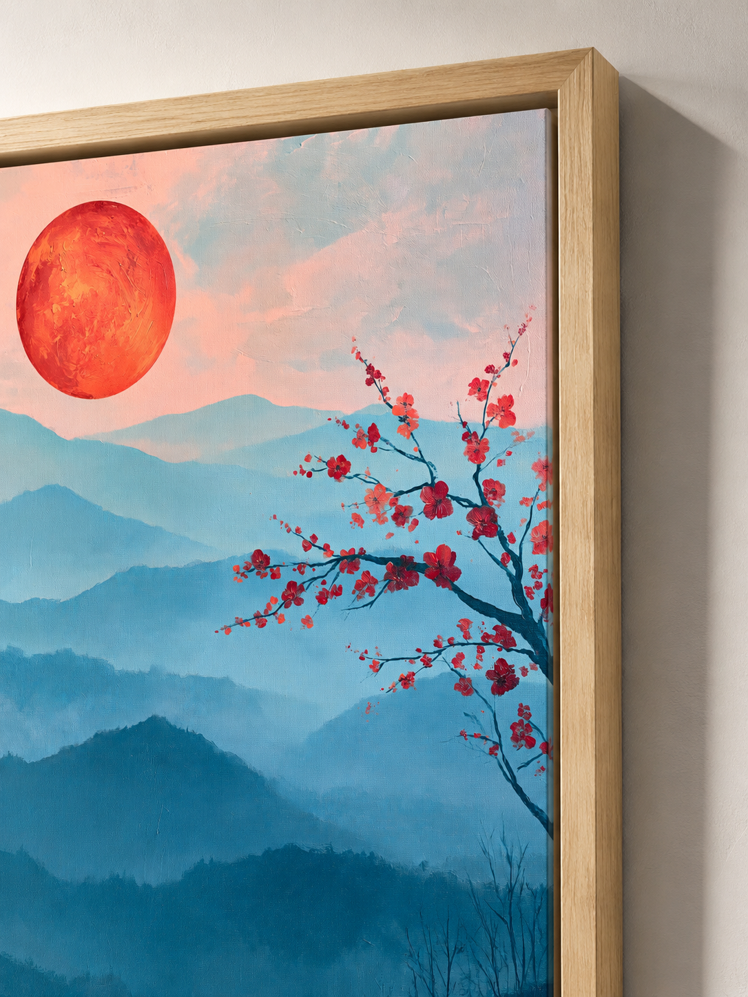 Crimson Dawn Wall Art - Wall Art Decor - detail view - blue mountain art print, japandi wall decor