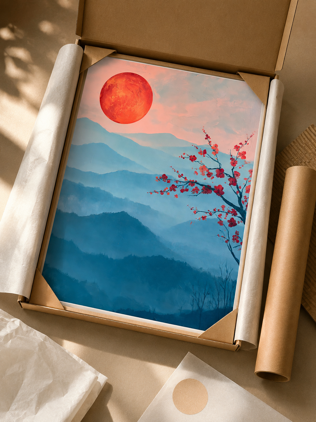 Crimson Dawn Wall Art - Wall Art Decor - lifestyle shot - blue mountain art print, japandi wall decor