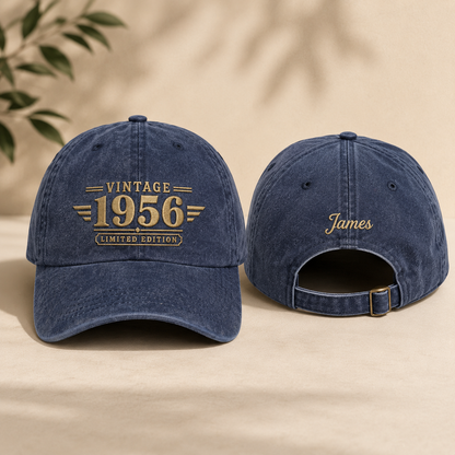 Navy washed cotton cap with custom birth year embroidery on front and personalized name on back