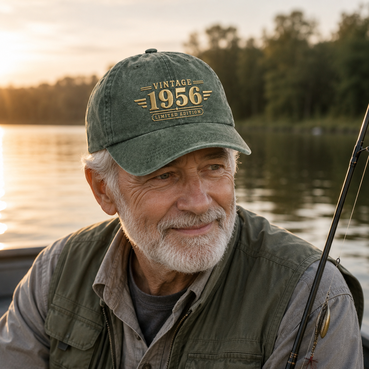 Man fishing wearing an army green washed cap with custom embroidered vintage year text