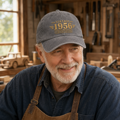 Man in a workshop wearing a grey washed cotton cap with custom birth year gold stitching