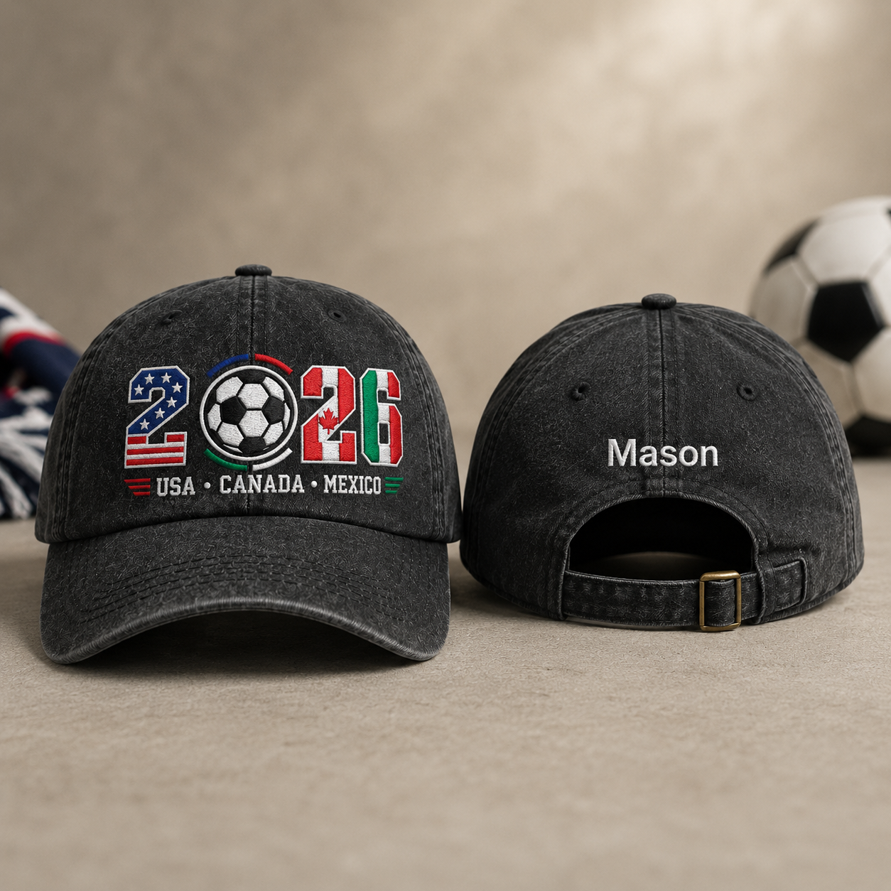 Front and back view of a black washed cotton baseball cap featuring embroidered 2026 tournament soccer graphics and custom name Mason text
