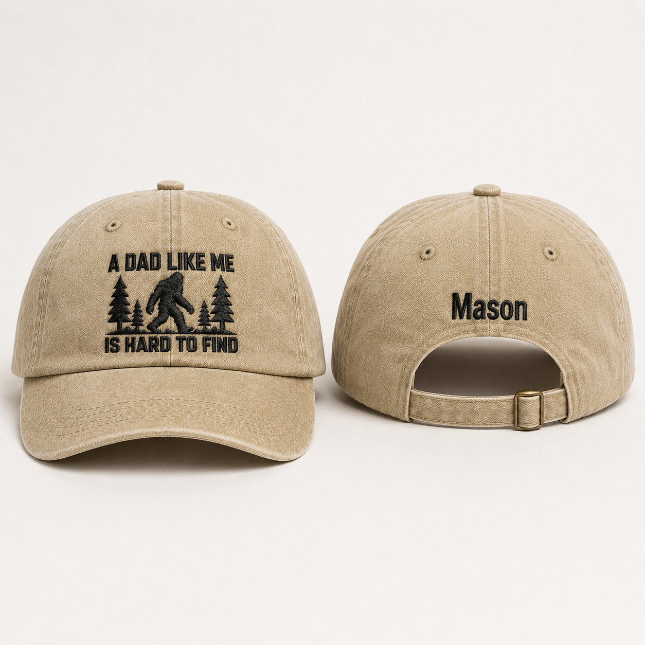 Front and back view of a sand washed baseball cap with black bigfoot embroidery and custom name Mason text