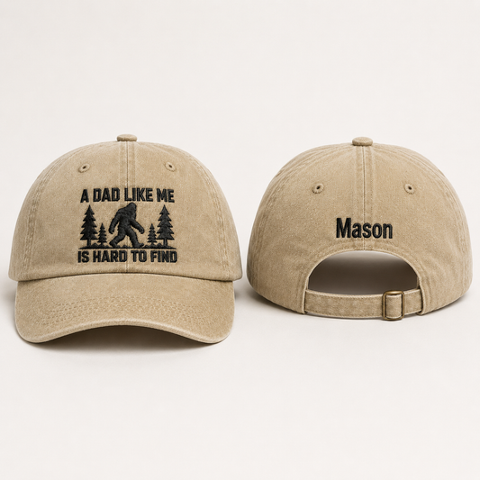 Front and back view of a sand washed baseball cap with black bigfoot embroidery and custom name Mason text