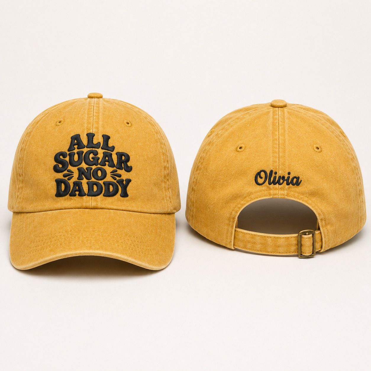 Front and back view of a yellow washed baseball cap with funny black embroidery and custom name Olivia text