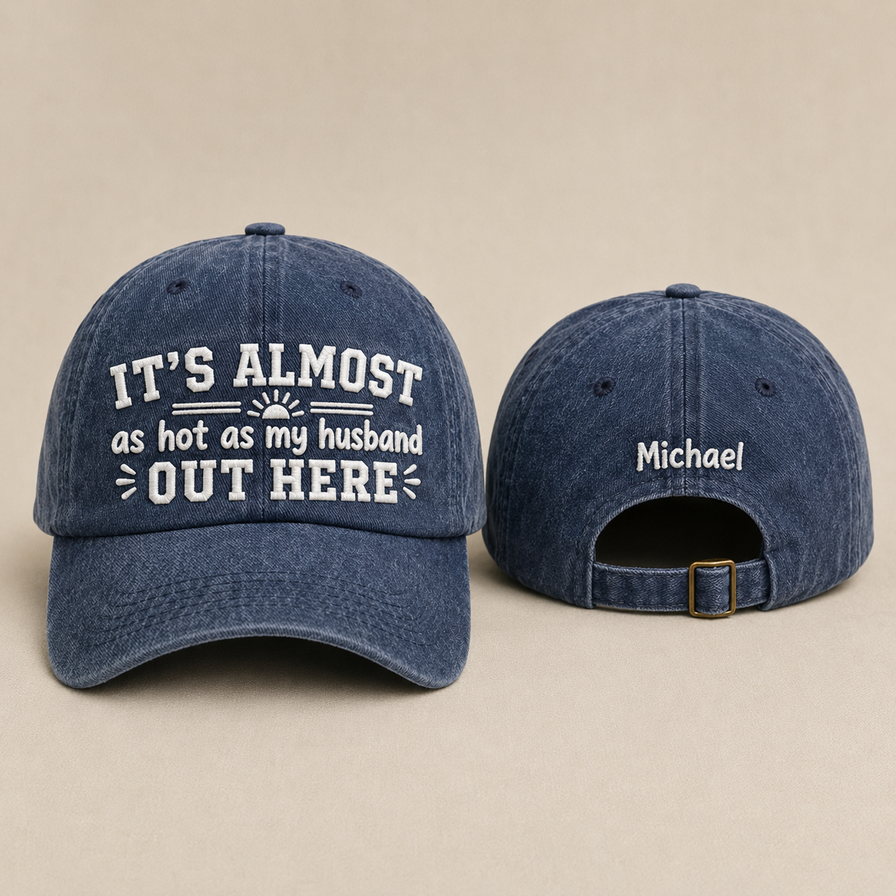 Front and back view of a navy washed baseball cap with funny quote embroidery and custom name text