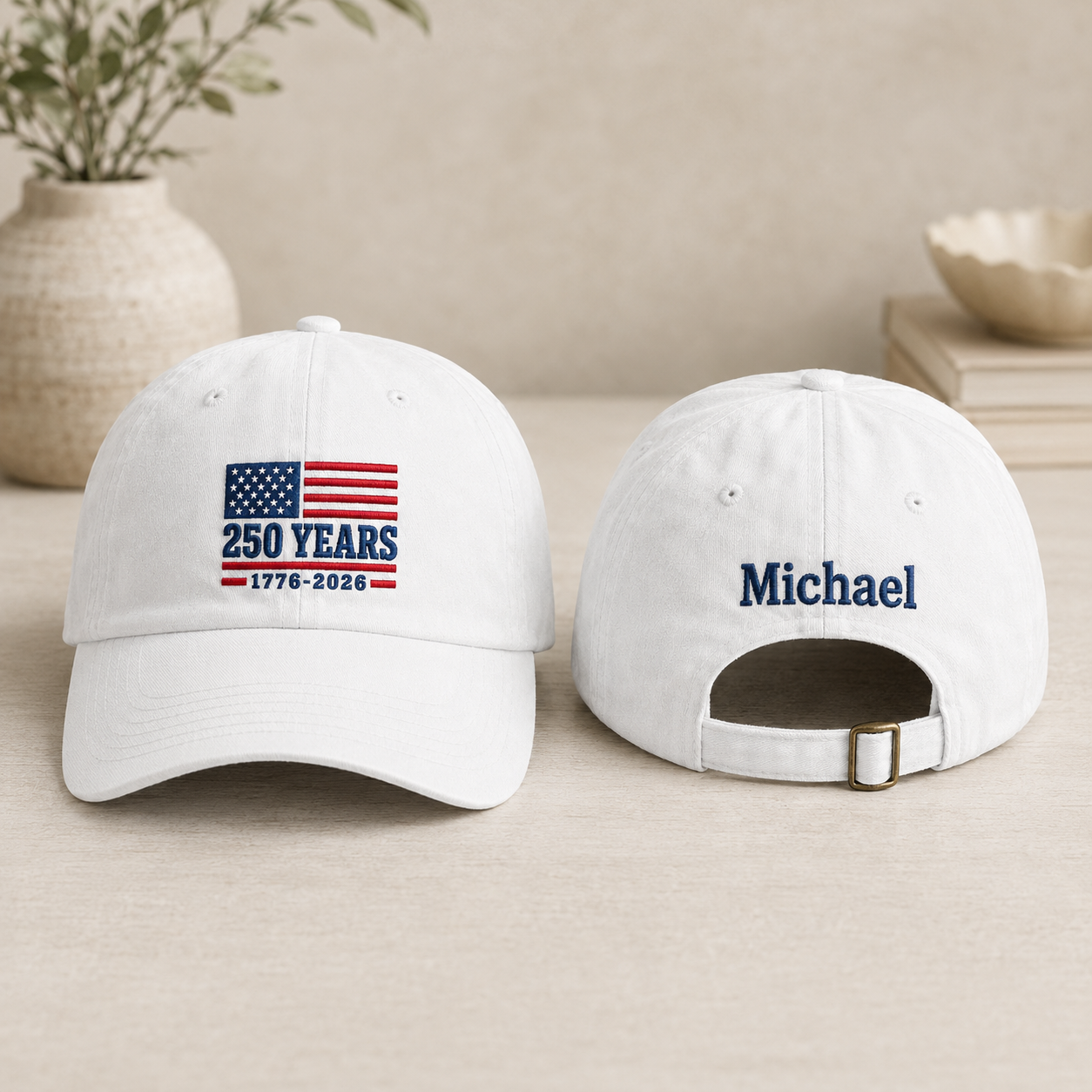 Front and back view of a white washed baseball cap with embroidered US flag 250 years design and custom name Michael