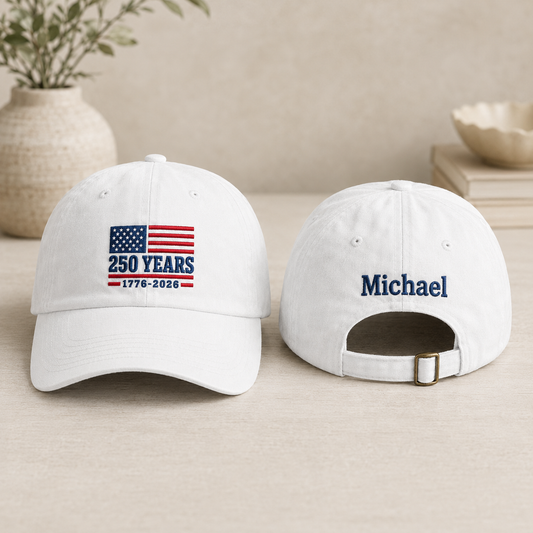 Front and back view of a white washed baseball cap with embroidered US flag 250 years design and custom name Michael