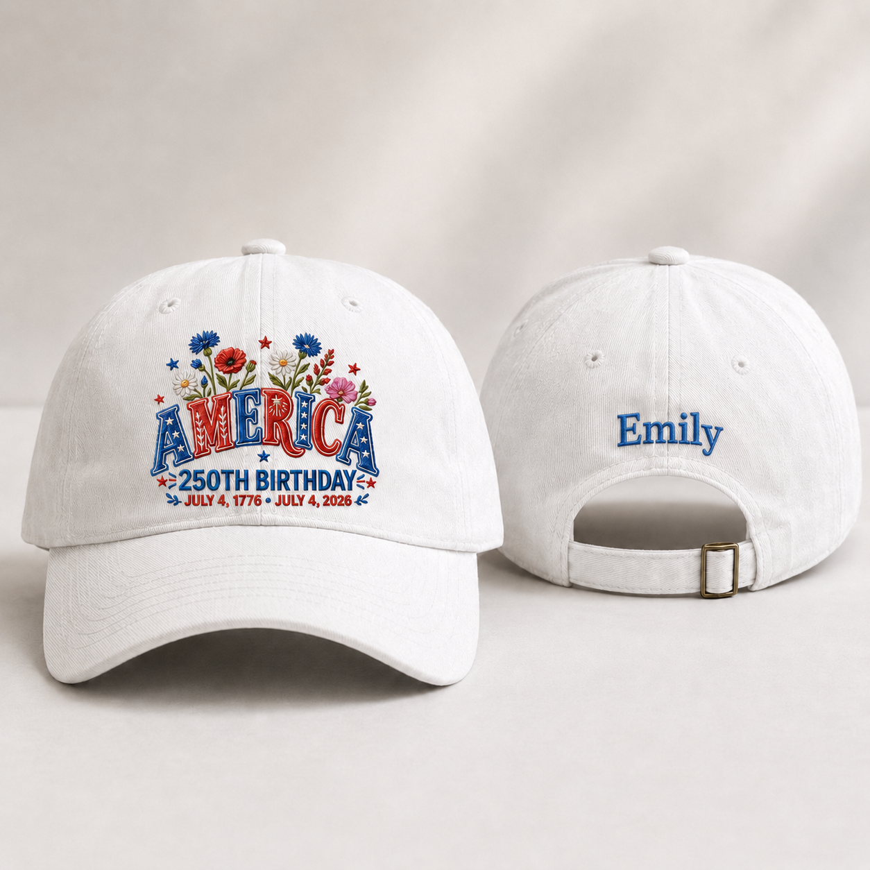 Front and back view of a white washed baseball cap with floral America embroidery and custom name Emily text