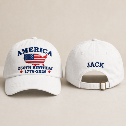 Front and back view of a white washed baseball cap with embroidered America 250th birthday design and custom name Jack text