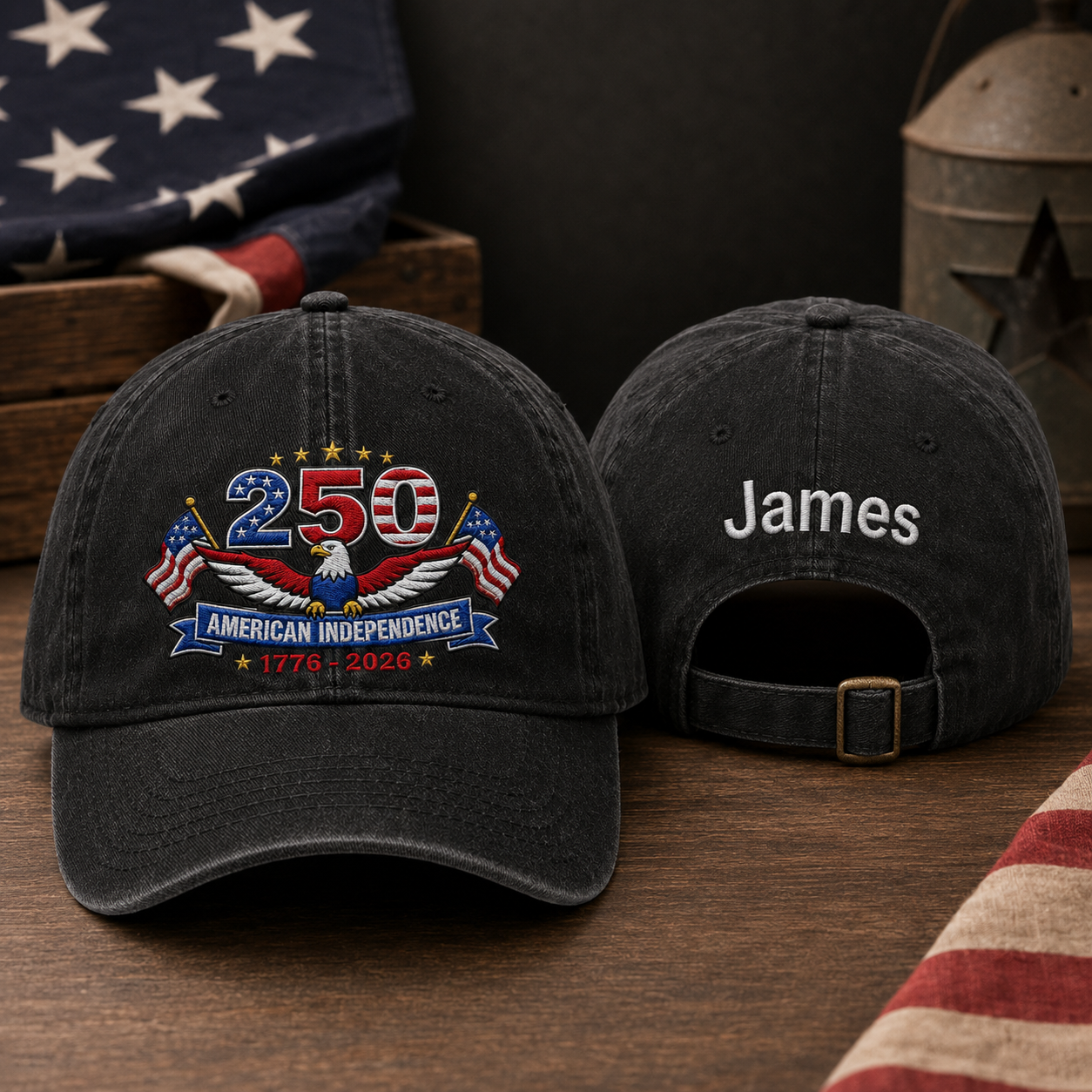 Front and back view of a black washed baseball cap with embroidered 250 american independence eagle design and custom name James text