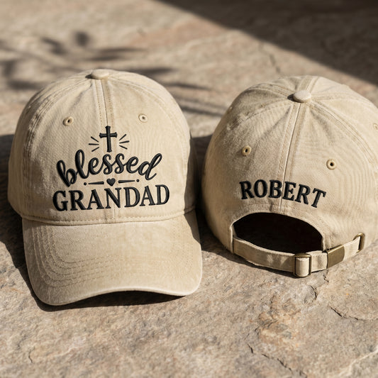 Sand washed baseball cap with Blessed Grandad front embroidery and custom name back text.