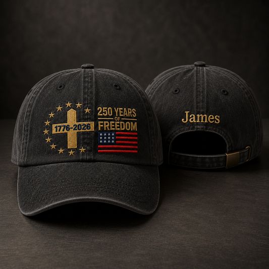 Front and back view of a black washed baseball cap with gold embroidered Christian cross, US flag, and 250 years of freedom design alongside custom name James text