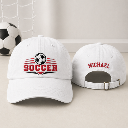 Front and back view of a white washed cotton baseball cap featuring an embroidered graphic soccer ball logo and custom name Michael text