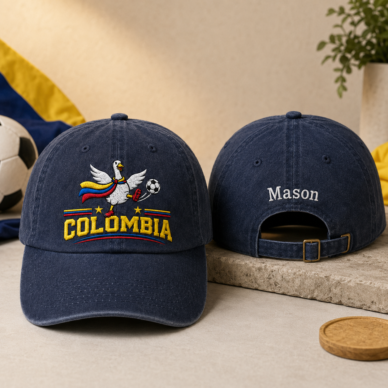 Front and back view of a navy washed baseball cap with an embroidered Colombia soccer goose design and custom white name Mason text