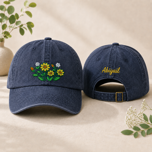 Front and back view of a navy washed baseball cap with embroidered daisy wildflower design and custom name text