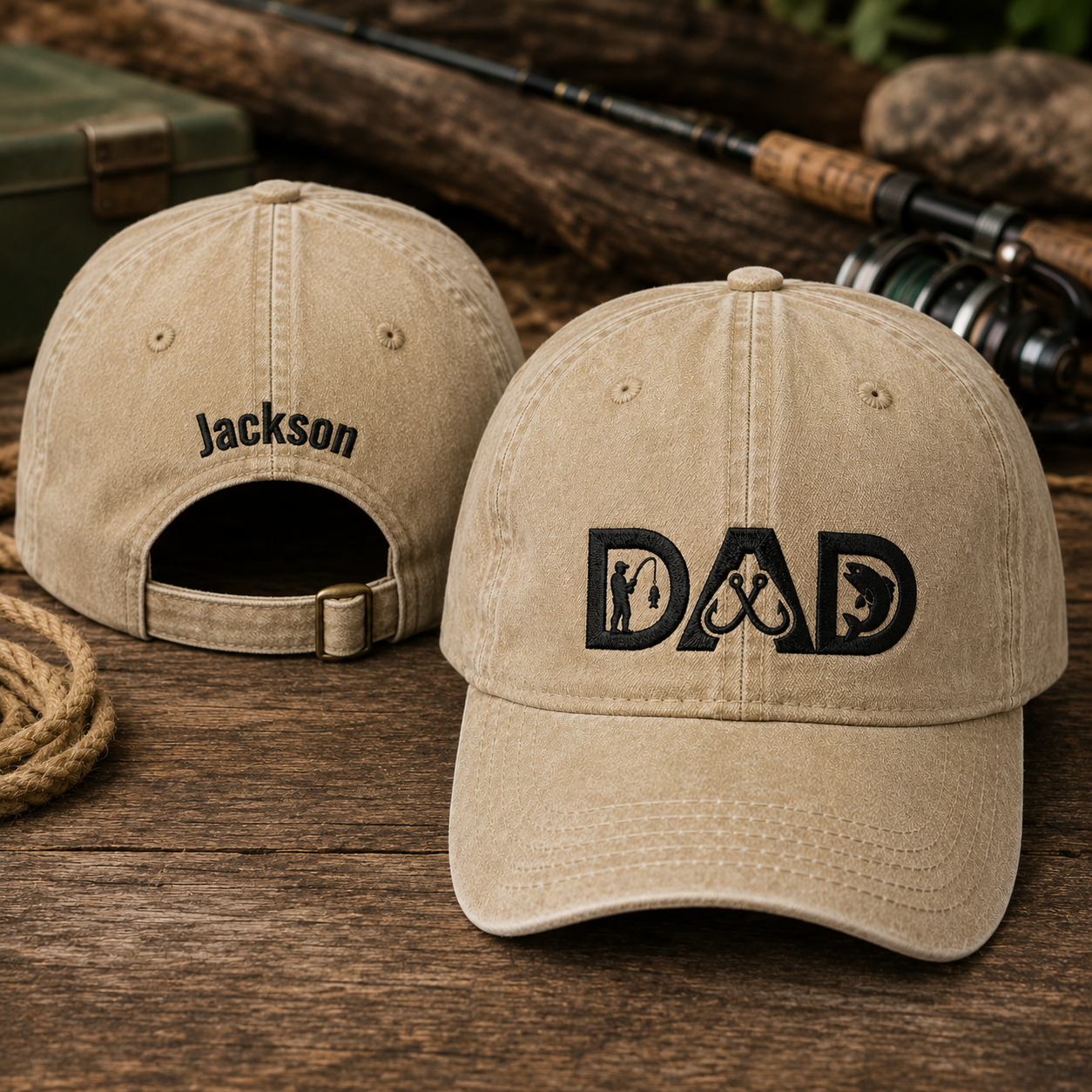 Front and back view of a sand washed cotton baseball cap featuring embroidered black DAD text with fishing silhouettes and custom name text
