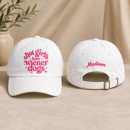 Front and back view of a white washed baseball cap with pink retro text design and custom name Madison
