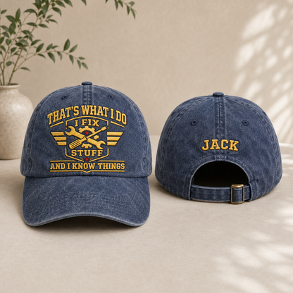 Front and back view of a navy washed baseball cap with handyman embroidery and custom name text.