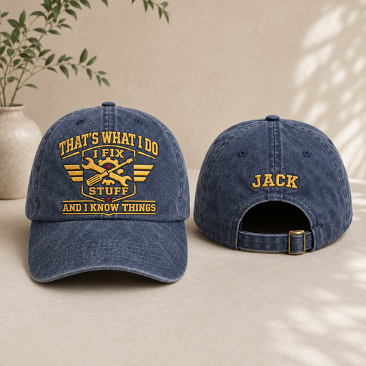 Front and back view of a navy washed baseball cap with handyman embroidery and custom name text.
