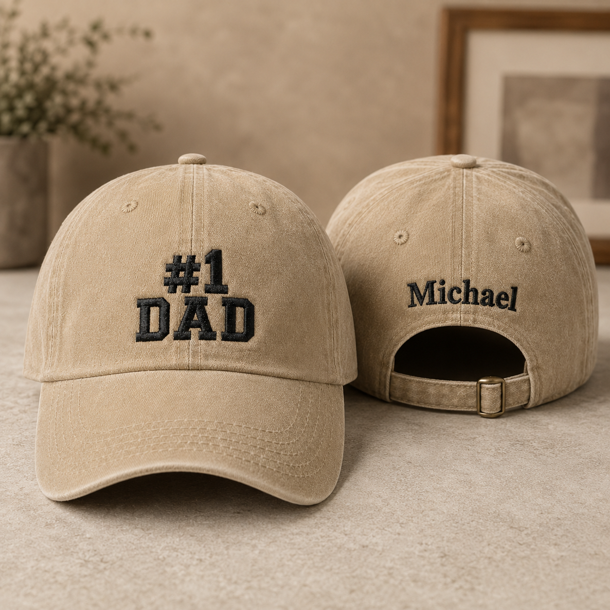 Front and back view of a sand washed baseball cap with black embroidered number one dad design and custom name Michael text